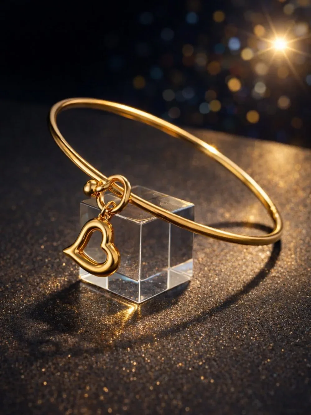 Hollow Heart Charm Bangle Dainty Bracelet 18K Gold Plated 316L Stainless Steel - Picture 9 of 11
